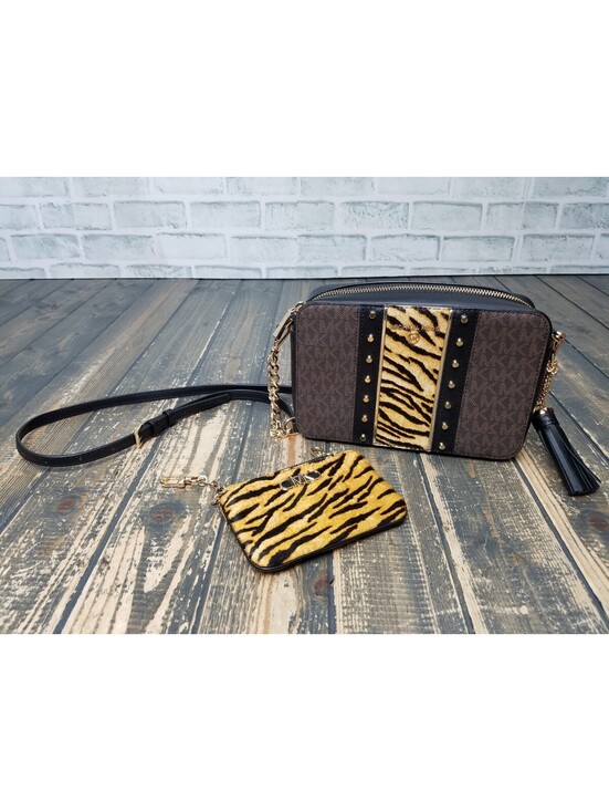 Michael Kors Handbags - Michael Kors Jet Set Medium Camera Calf Hair Black Brown Multi Crossbody Bag +